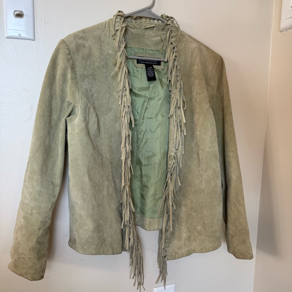 Dialogue Genuine Leather Fringe Jacket Sage Green Boho Western Size M